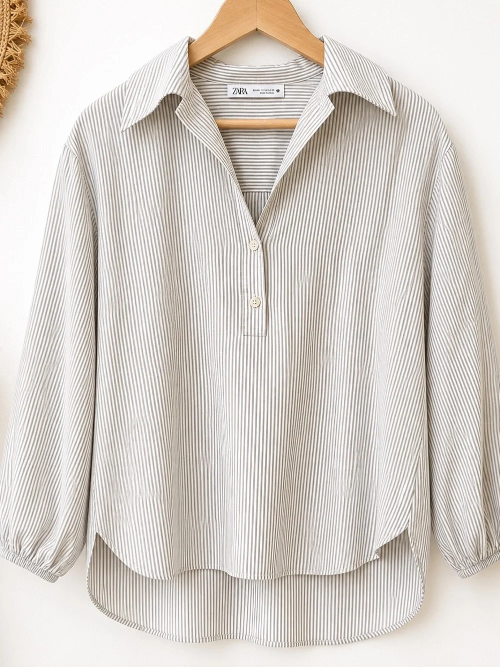 ZARA Beige & White Striped Popover Blouse | Relaxed/ Boho Chic Size Medium - Picture 2 of 8